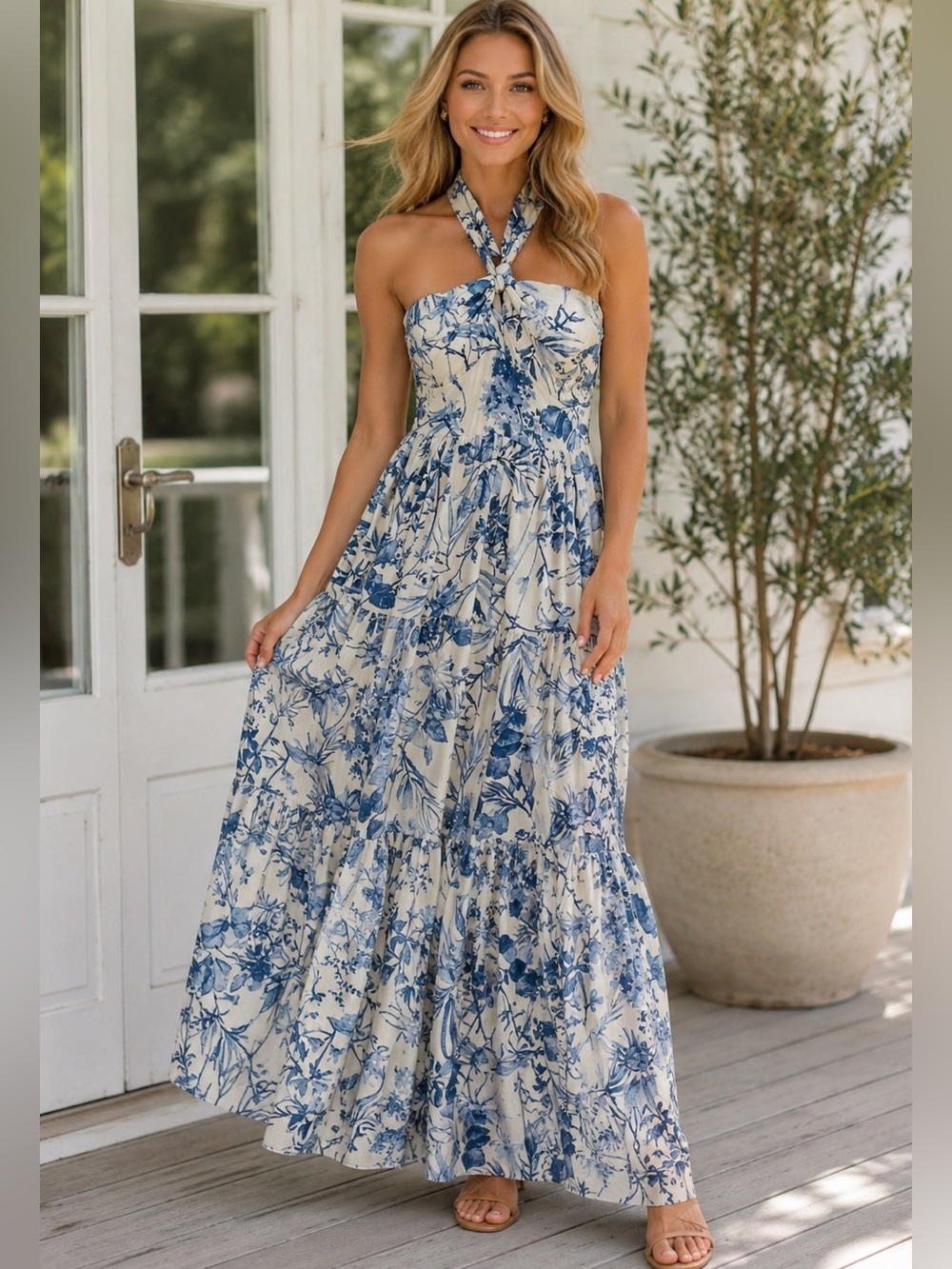 Halter Blue Floral Maxi Dress - Classic Summer Style